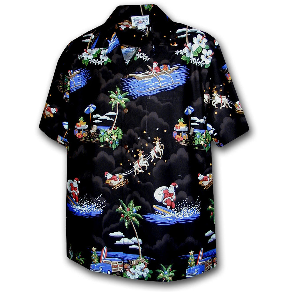 Santa Arrives in Hawaii Black Hawaiian Shirt