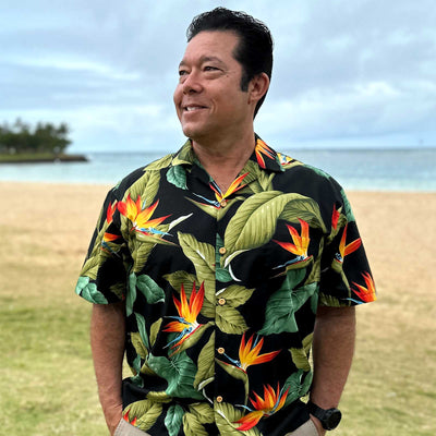 Airbrush Bird of Paradise Black Hawaiian Shirt