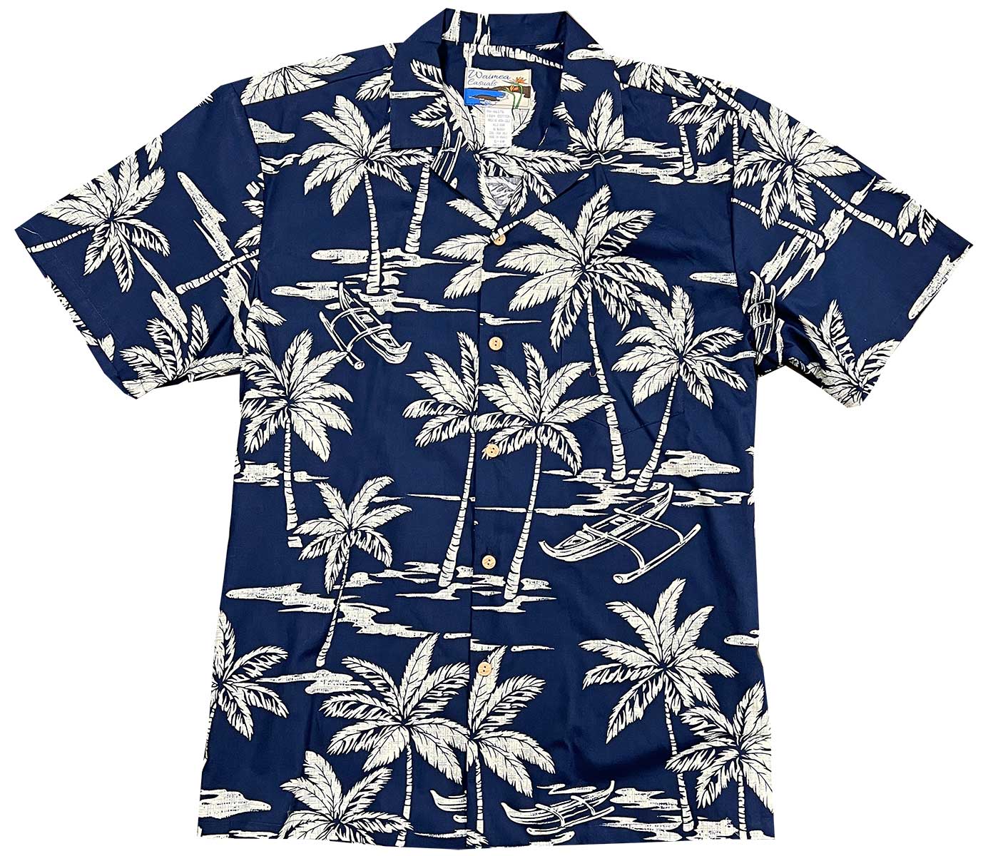 Waimea Casuals Palm Tree Canoe Navy Aloha Shirt